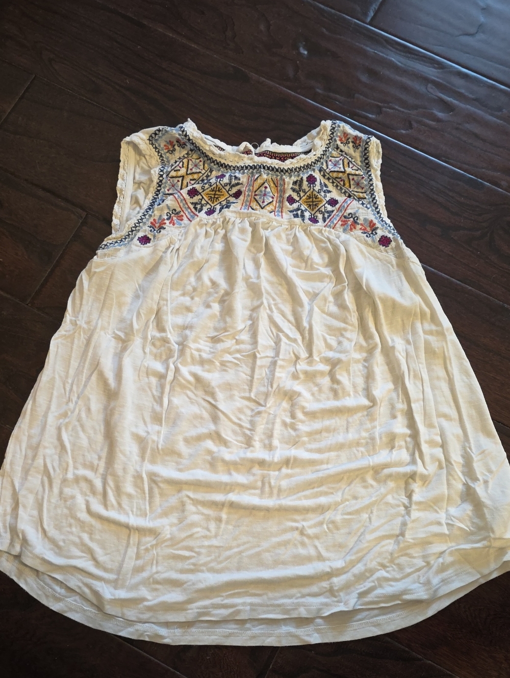 Knox Rose Cream Sleeveless Tank with Colorful Embroidered Yoke